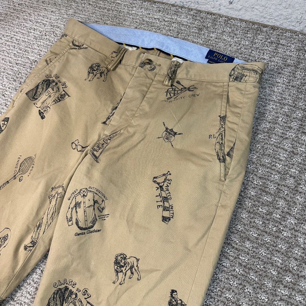 Polo Ralph Lauren Mens 32x30 Khaki Collegiate Graphic Print Straight Fit Chinos - Picture 2 of 9